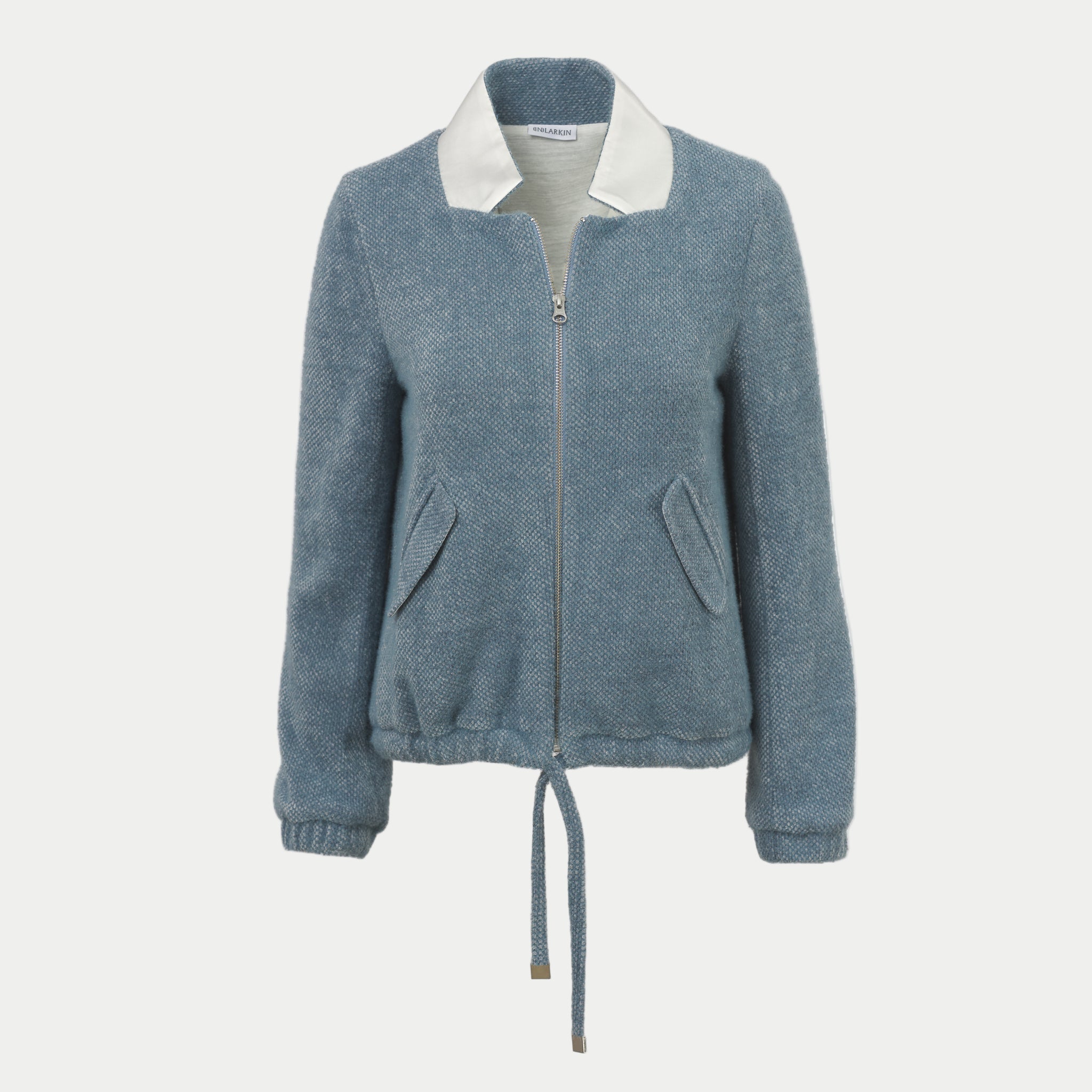 the larkin jacket in laguna by inlarkin with a zipper front and tie waist on an off-white background