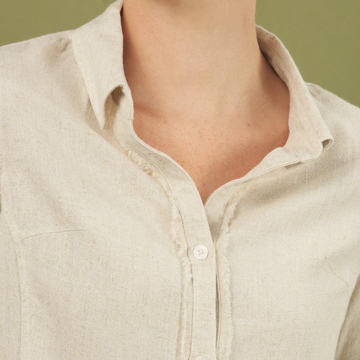 linen fray shirt in sand by inlarkin front detail view of collar and fray