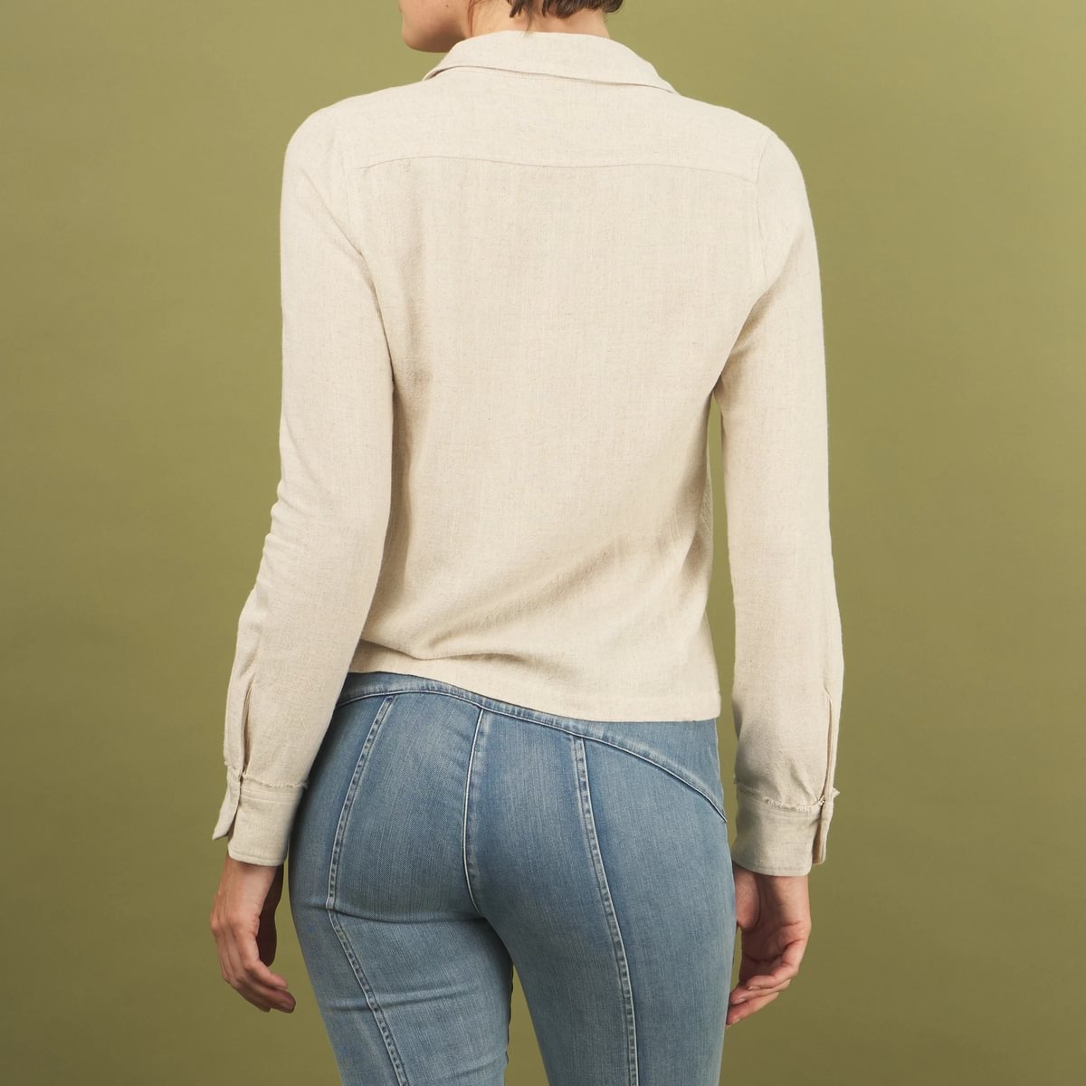 linen fray shirt in sand by inlarkin back view