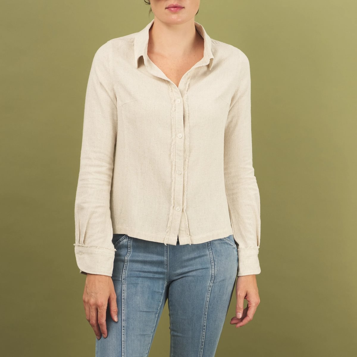linen fray shirt in sand by inlarkin front view