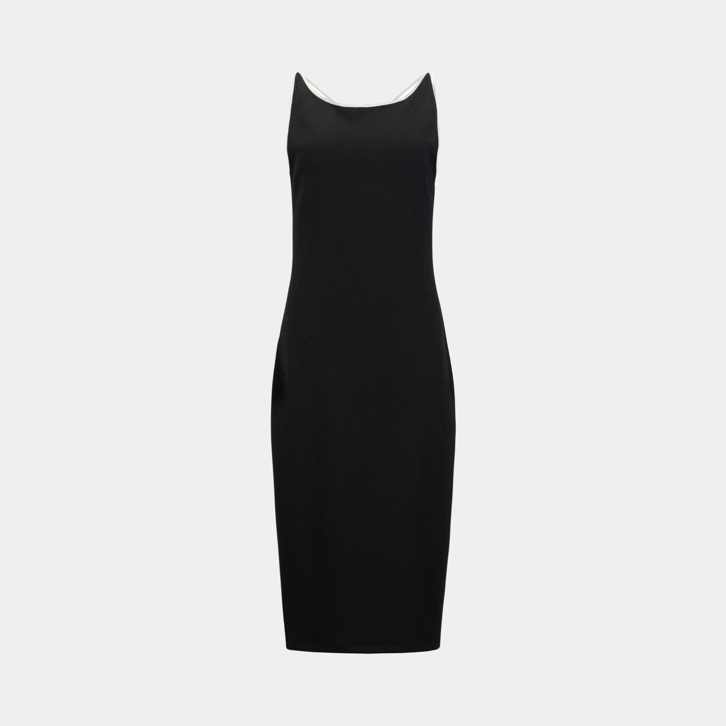 the mariposa dress in black with white straps by inlarkin front view showing the body fitting detail and neckline