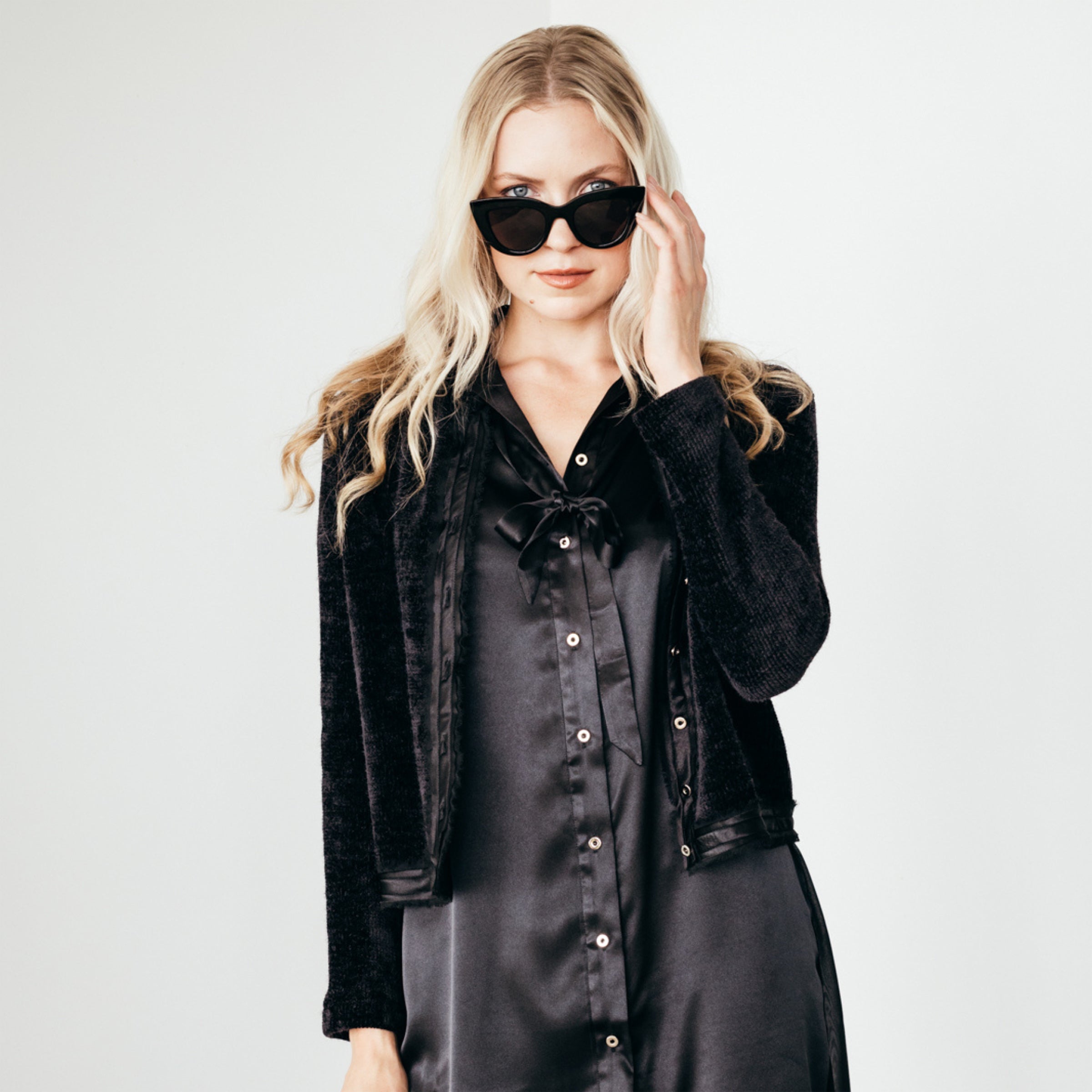 black button up mary sweater with frayed chiffon and sateen detail at the center front and hem by inlarkin