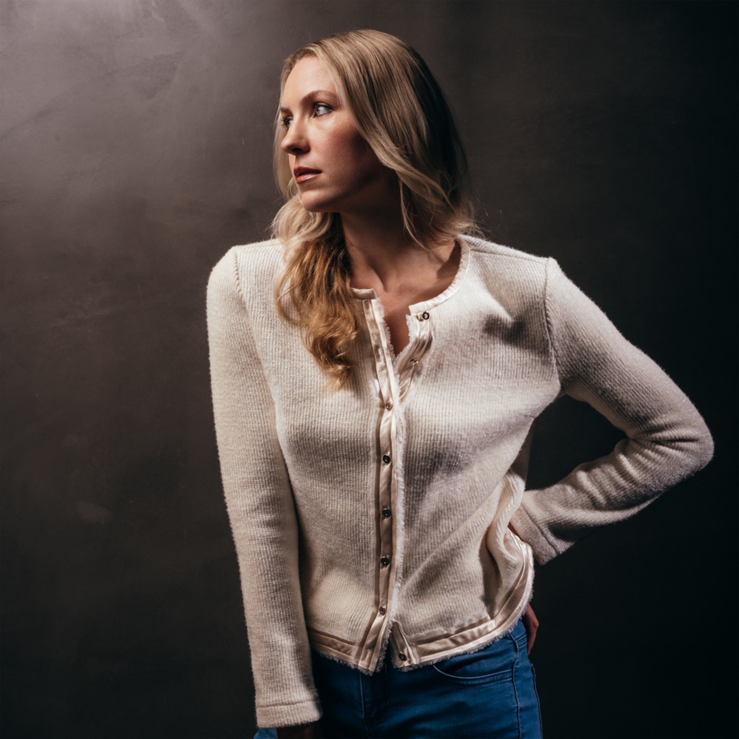 cream button up mary sweater with frayed chiffon and sateen detail at the center front and hem by inlarkin