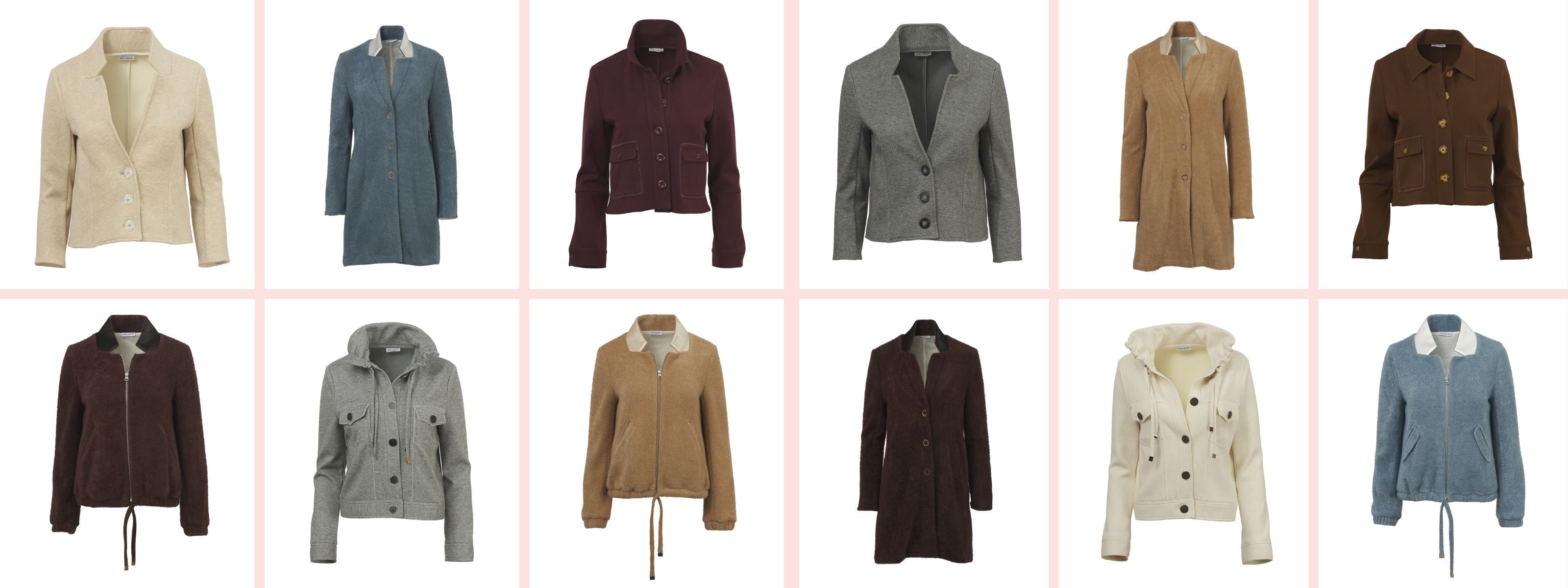 Grid of various inlarkin jackets and blazers displayed against a white background showing style and new colors