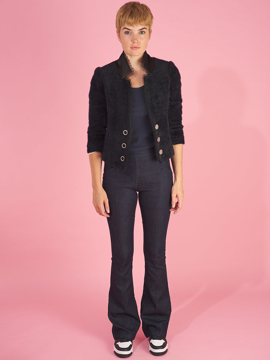the oakley blazer by inlarkin in midnight front view featuring a chiffon raw edge and signature large punch snaps paired with the sublime jean