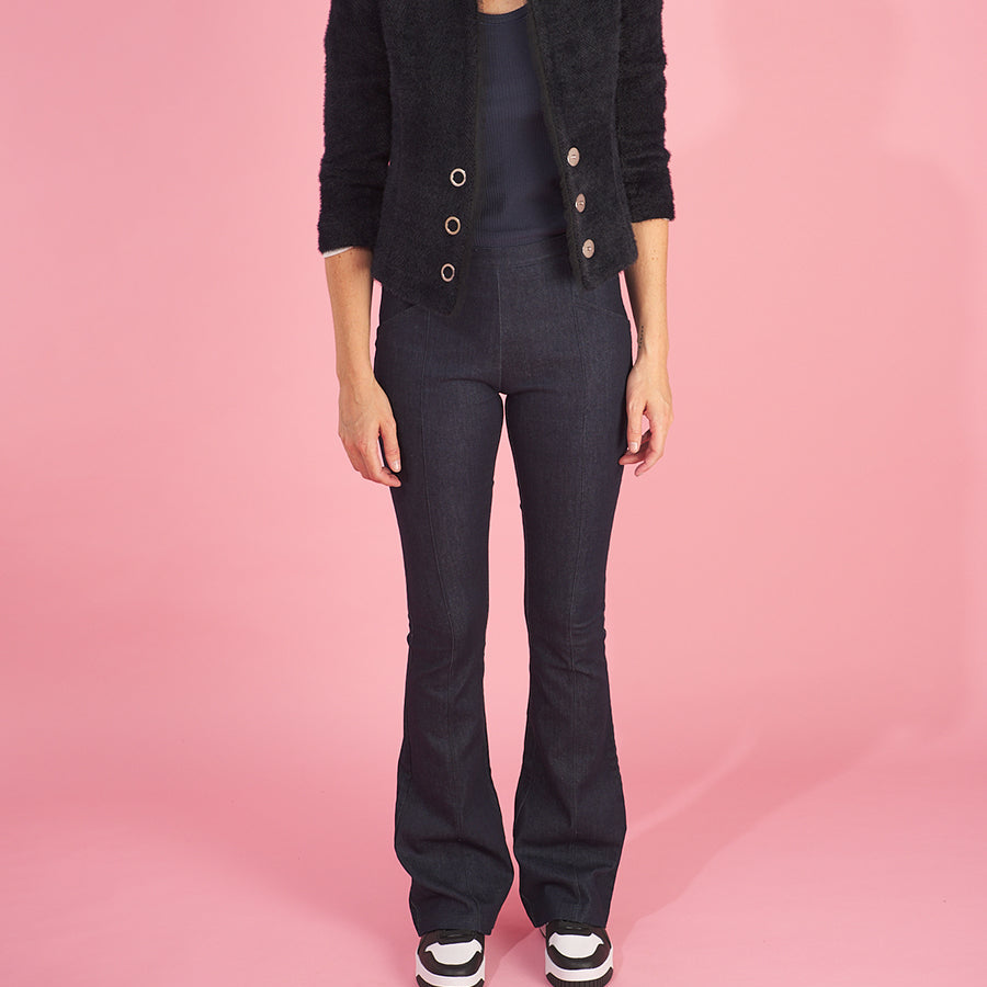 the oakley blazer by inlarkin in midnight front view featuring a chiffon raw edge and signature large punch snaps paired with the sublime jean