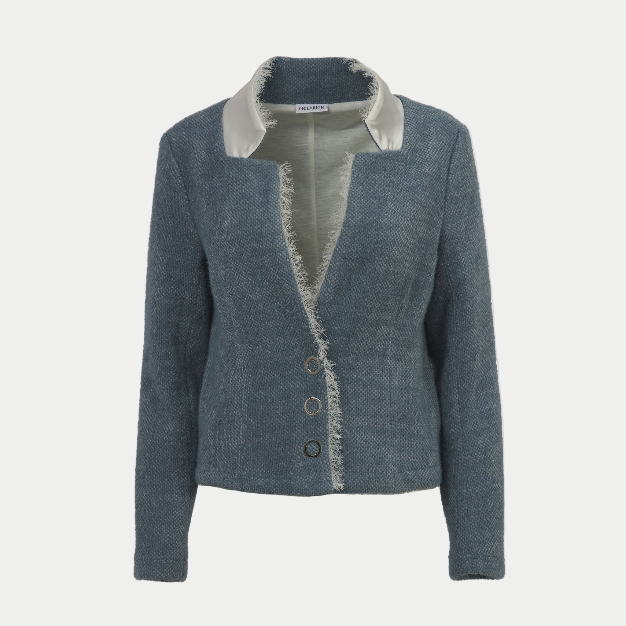 Oakley blazer in laguna by inlarkin showing the raw-edged chiffon detail, signature large punch snaps, contrast sateen under collar and silky linen lining, front view