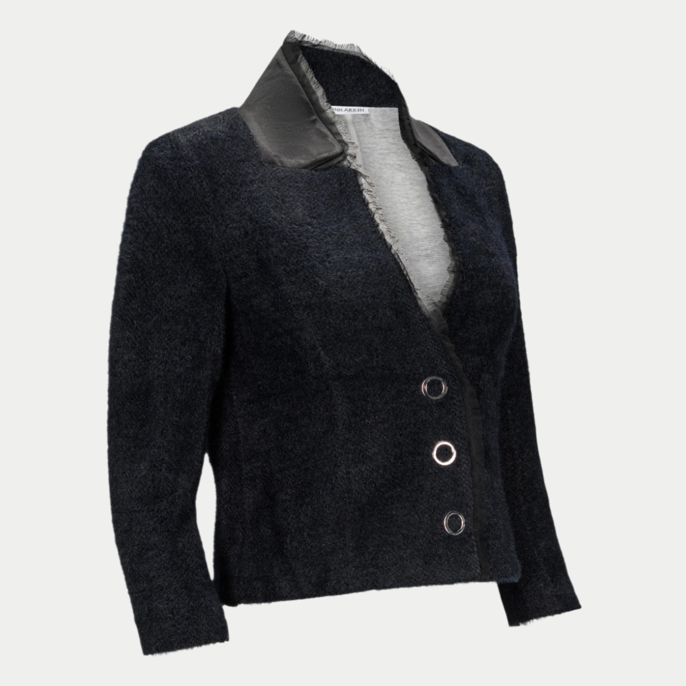 Oakley blazer in midnight by inlarkin showing the raw-edged chiffon detail, signature large punch snaps, contrast sateen under collar and silky linen lining, front angled view