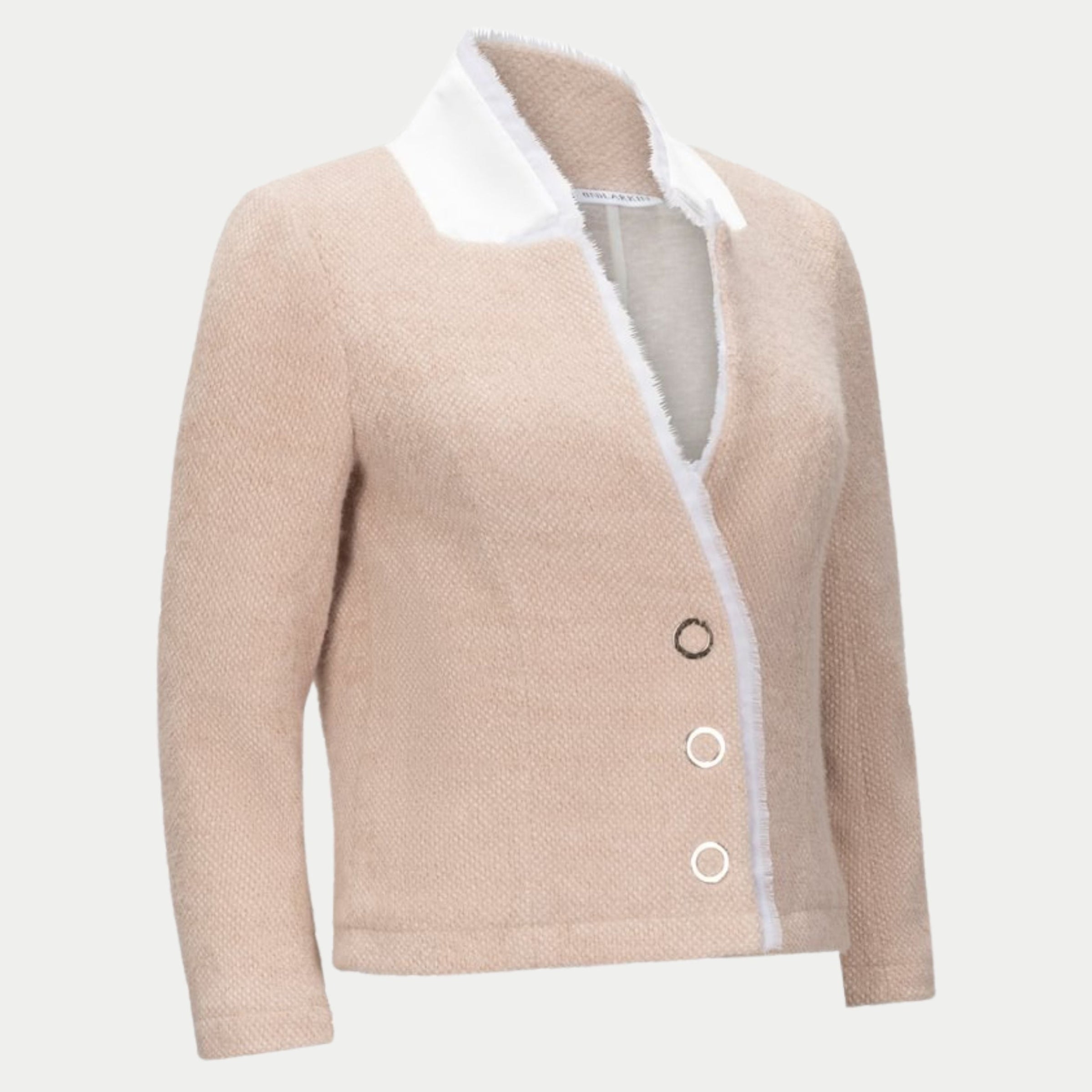 Oakley blazer in oat by inlarkin showing the raw-edged chiffon detail, signature large punch snaps, contrast sateen under collar and silky linen lining, front angled detail view