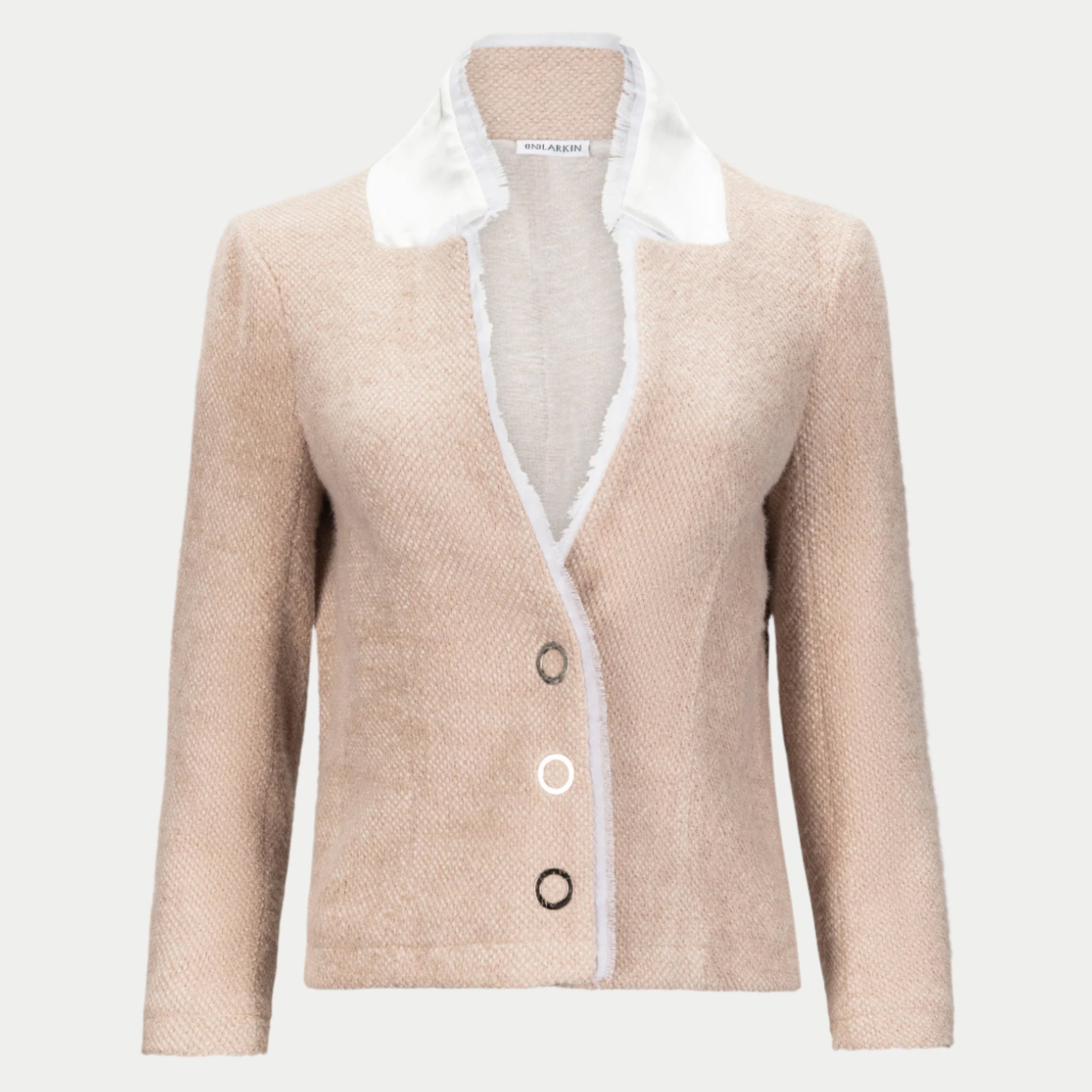 Oakley blazer in oat by inlarkin showing the raw-edged chiffon detail, signature large punch snaps, contrast sateen under collar and silky linen lining