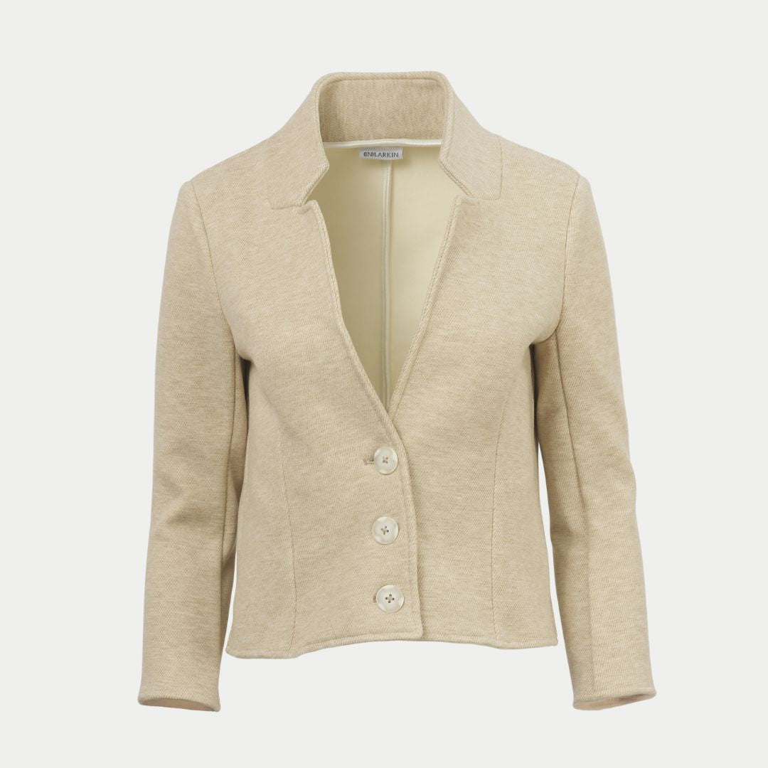Wheat colored blazer front view by inlarkin on an off white background
