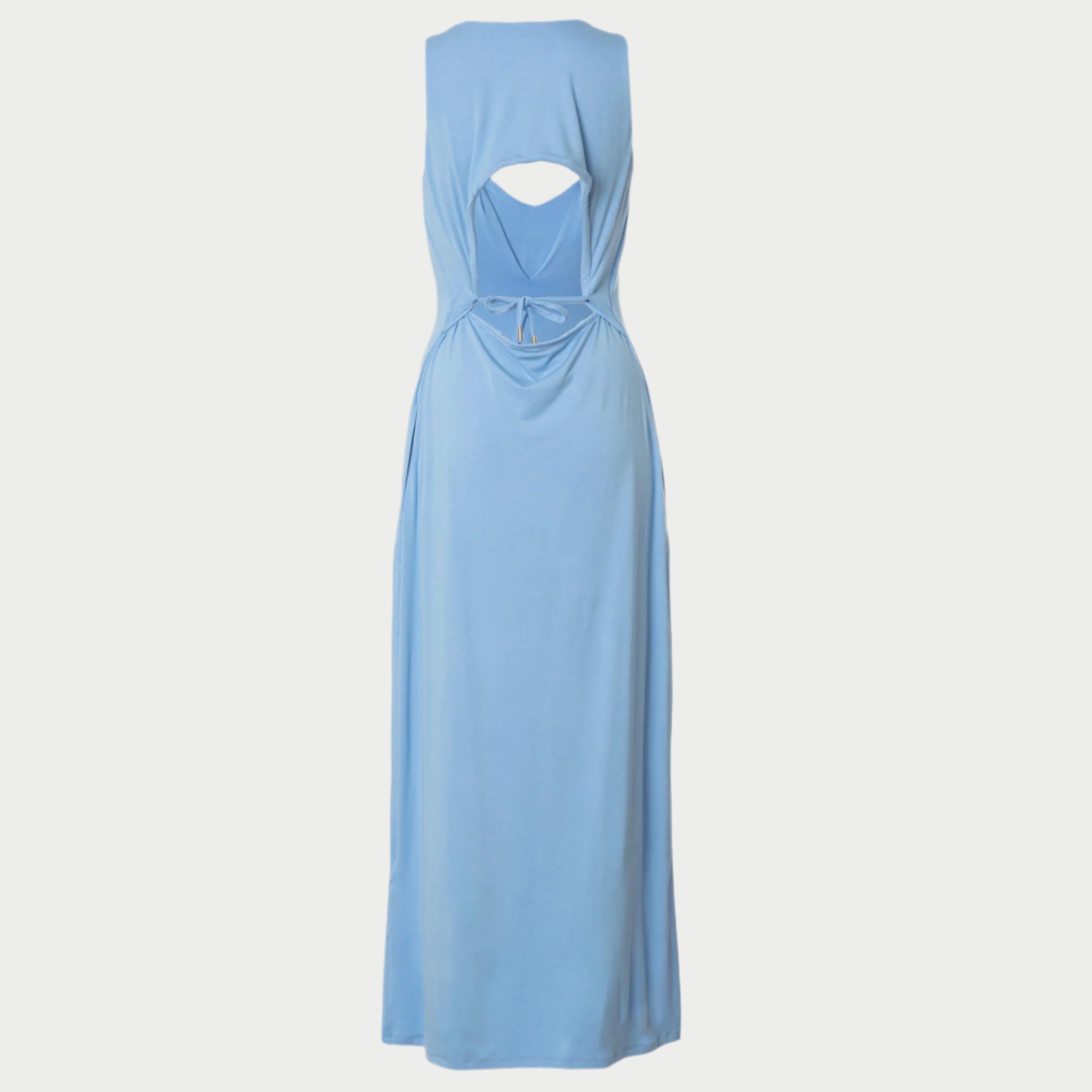back view of the royal tuck dress in sky blue by inlarkin showing the keyhole cutout in the back and functional spaghetti drawstring ties
