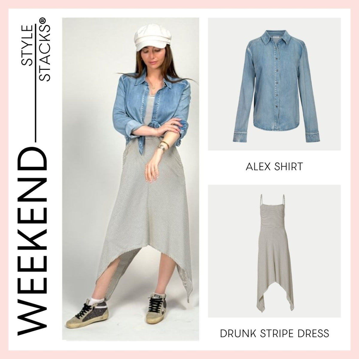 Woman wearing the Alex denim shirt and drunk stripe dress with 'Style Stacks' branding by inlarkin.