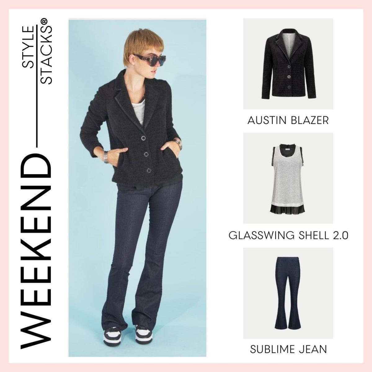 Woman wearing a black austin blazer with 'Style Stacks' branding and product names displayed.