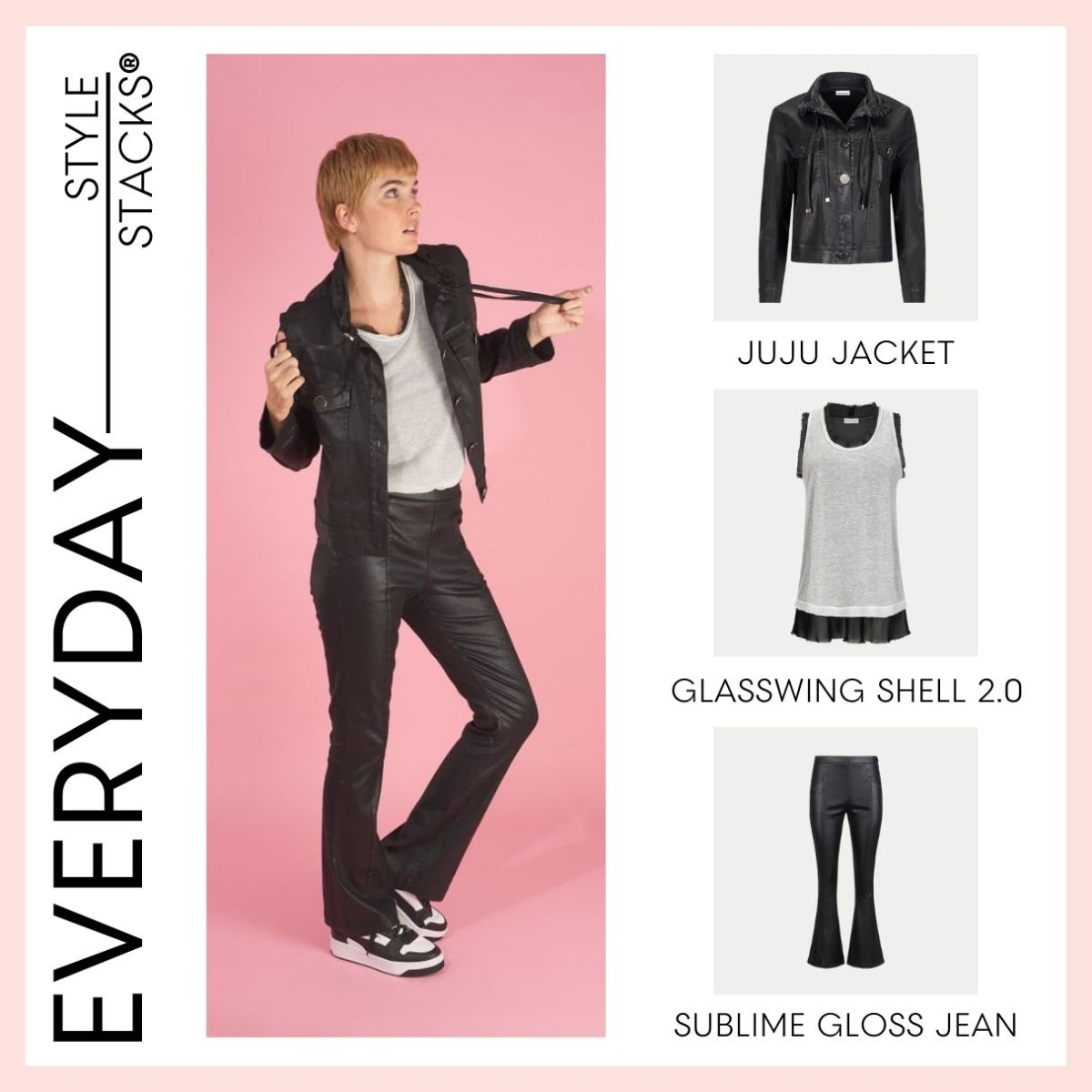 the style stacks everyday by inlarkin featuring the juju jacket in black, glasswing shell 2.0 in black and the sublime gloss jean in black