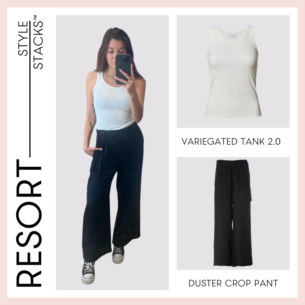  style stacks resort image by inlarkin featuring the variegated tank 2.0 in white and the duster crop pant in black
