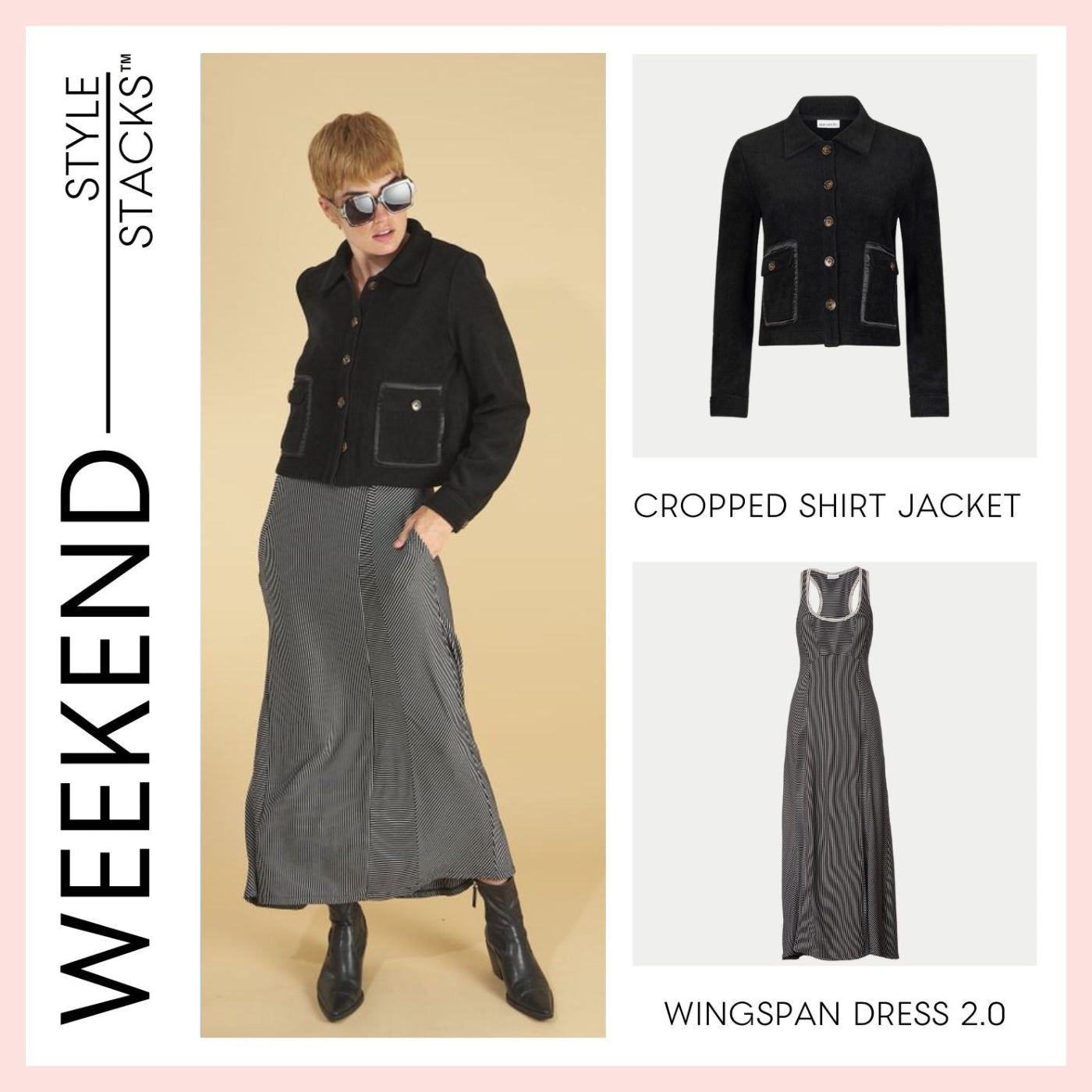 the style stacks weekend by inlarkin featuring the cropped shirt jacket and wingspan dress 2.0