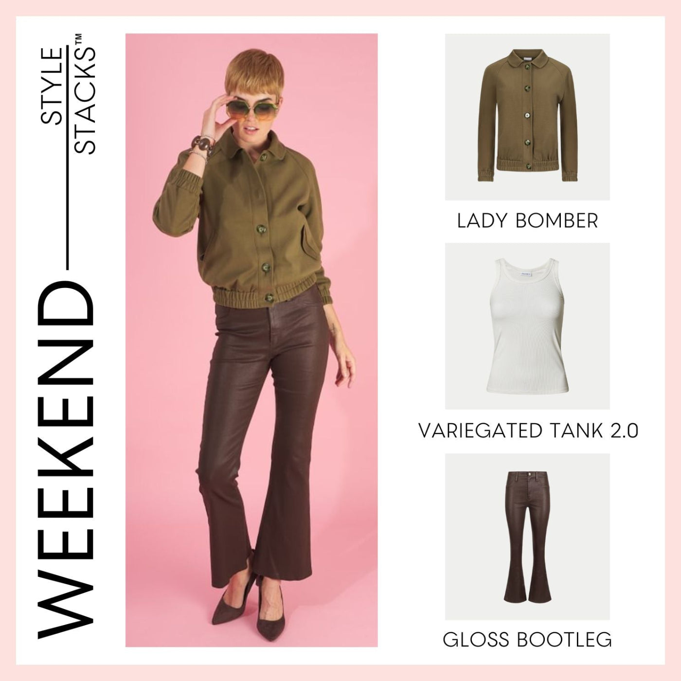 the style stacks weekend by inlarkin featuring the lady bomber in olive, variegated tank 2.0 in white and the gloss bootleg in chocolate