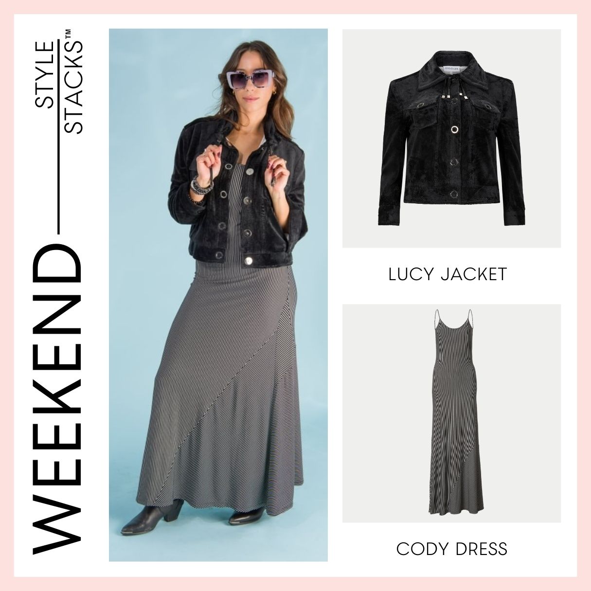 style stacks weekend image by inlarkin featuring the lucy jacket in black and cody dress in black stripe