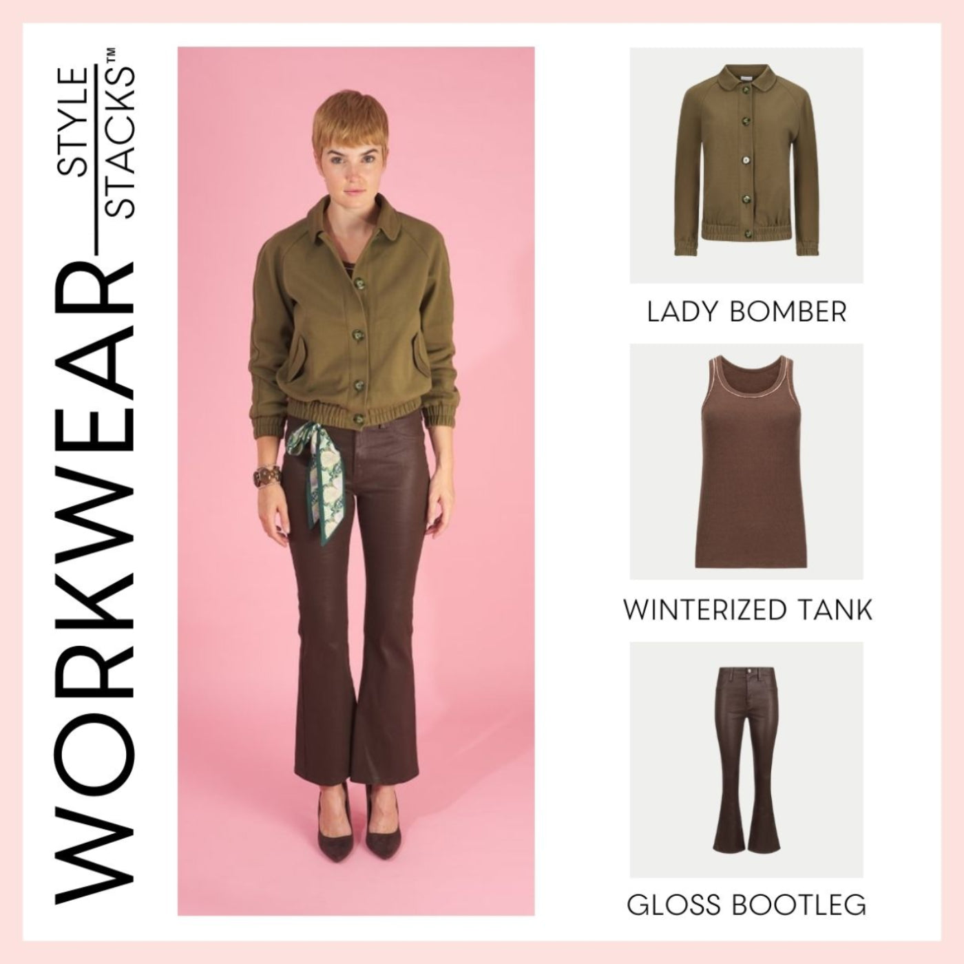the style stacks workwear by inlarkin featuring the lady bomber, winterized tank and gloss bootleg