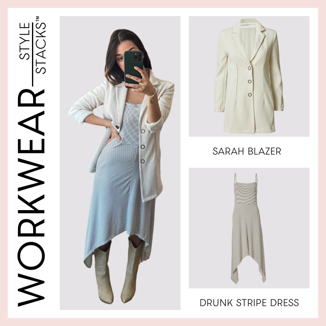  The style stacks workwear by inlarkin image featuring the sarah blazer and drunk stripe dress