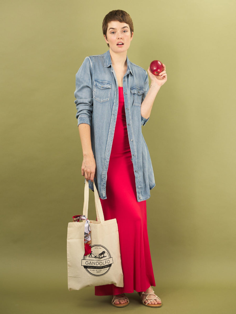 woman wearing a sy denim shirt over a red sharyn dress by inlarkin holding an apple and gandolfo bag against a green backdrop