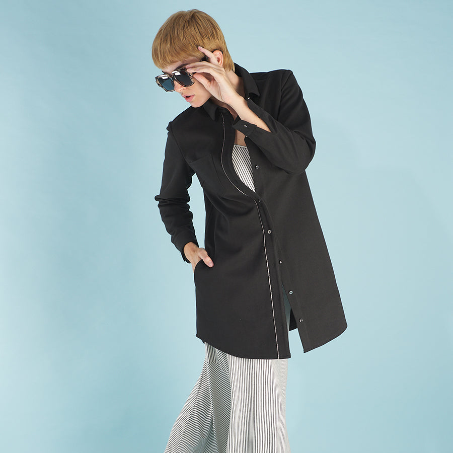 the sy shirtdress by inlarkin in black featuring a silver beaded chain trim, sateen facing, silver peek-a-boo buttons and new felted stretch fabric