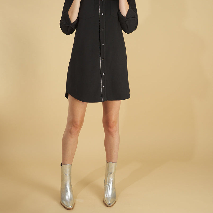 the sy shirtdress by inlarkin in black featuring a silver beaded chain trim, sateen facing, silver peek-a-boo buttons and new felted stretch fabric