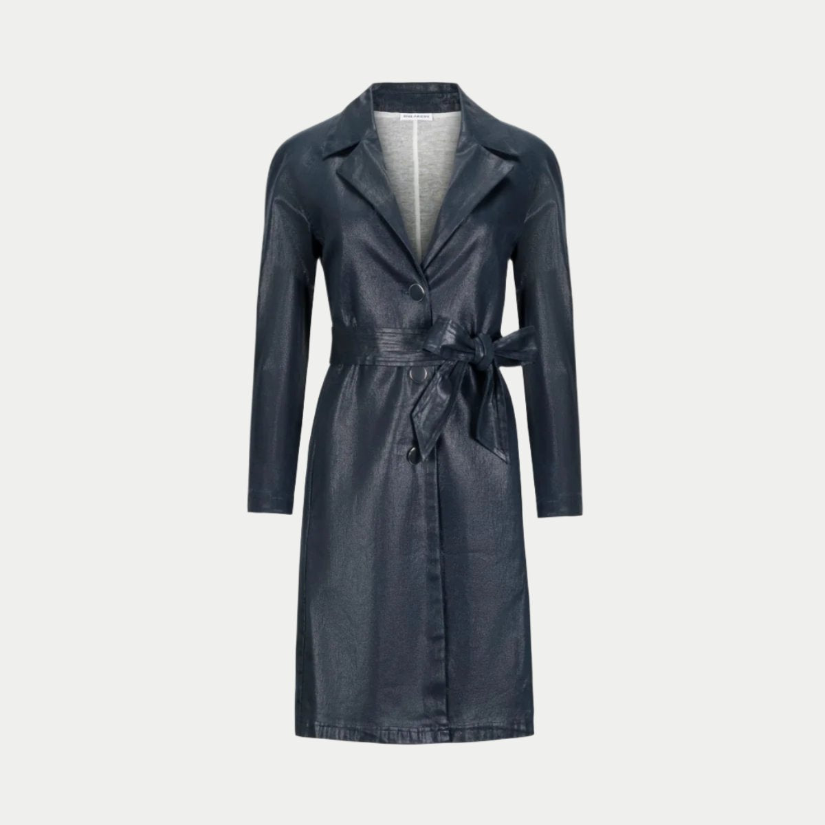 the toni trench coat in navy front view showing the knotch collar and belt by inlarkin