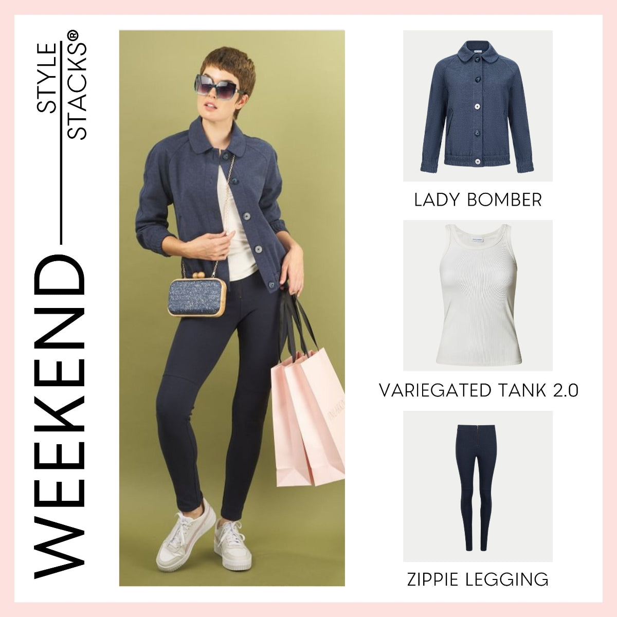 the weekend style stack by inlarkin featuring the lady bomber jacket, variegated tank 2.0 and zippie legging