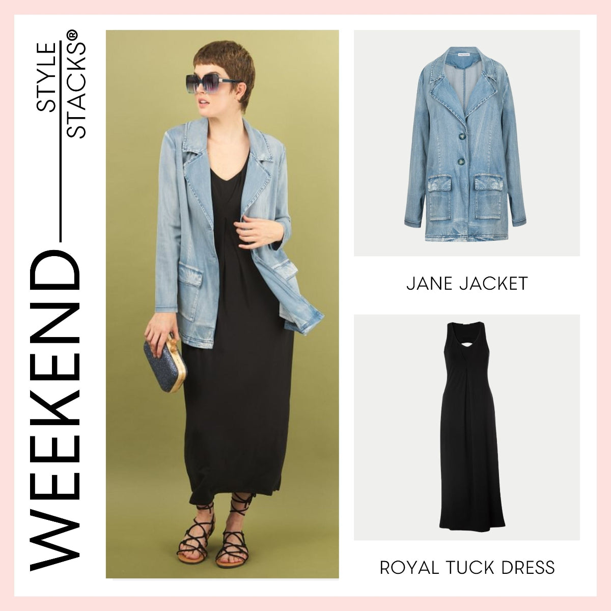 the weekend style stack by inlarkin featuring the denim jane jacket and royal tuck dress