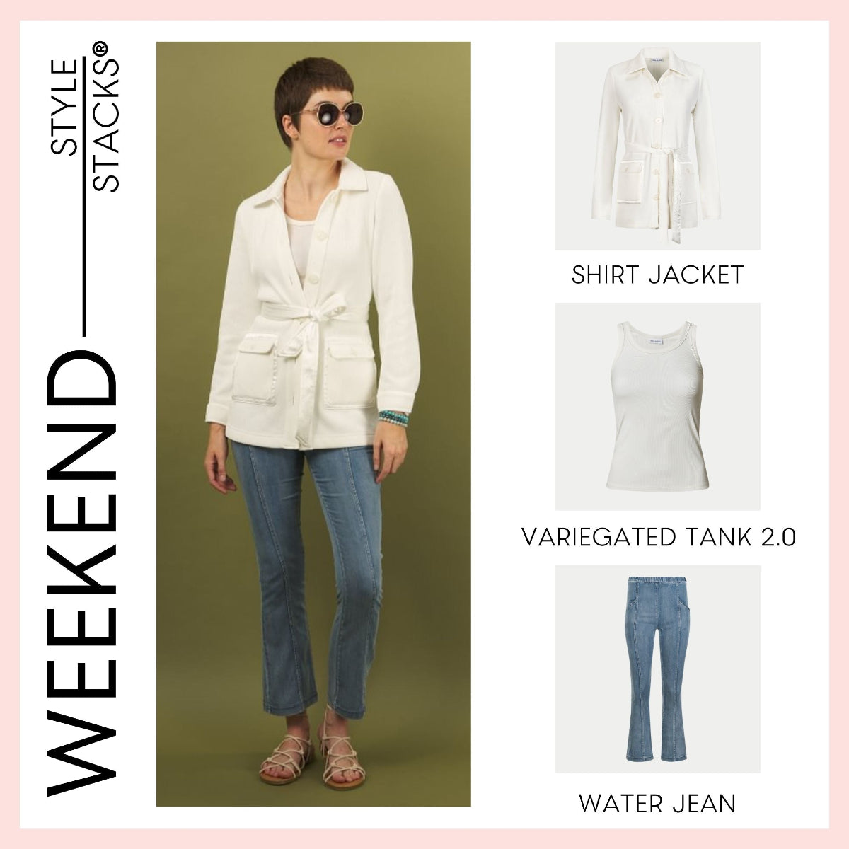 the weekend style stacks by inlarkin featuring the shirt jacket, variegated white tank and water denim jean