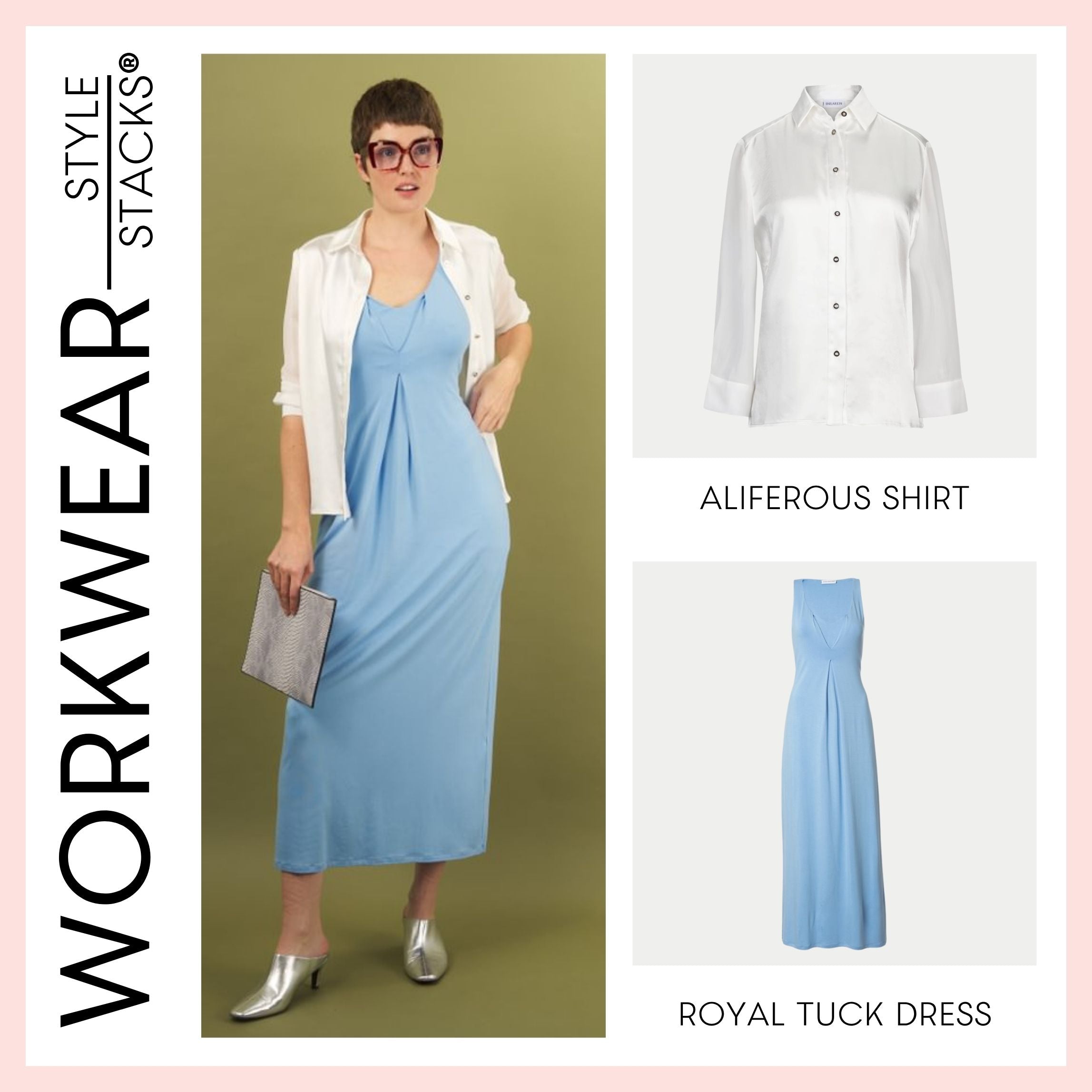 the workwear style stack by inlarkin featuring the aliferous shirt in white and royal tuck dress in perry blue