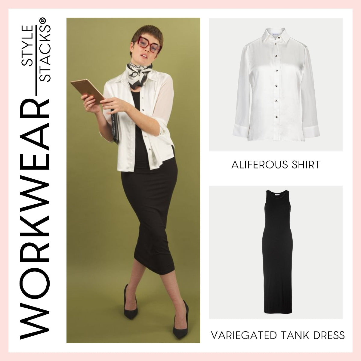 the workwear style stack by inlarkin featuring the aliferous shirt in white and black variegated tank dress