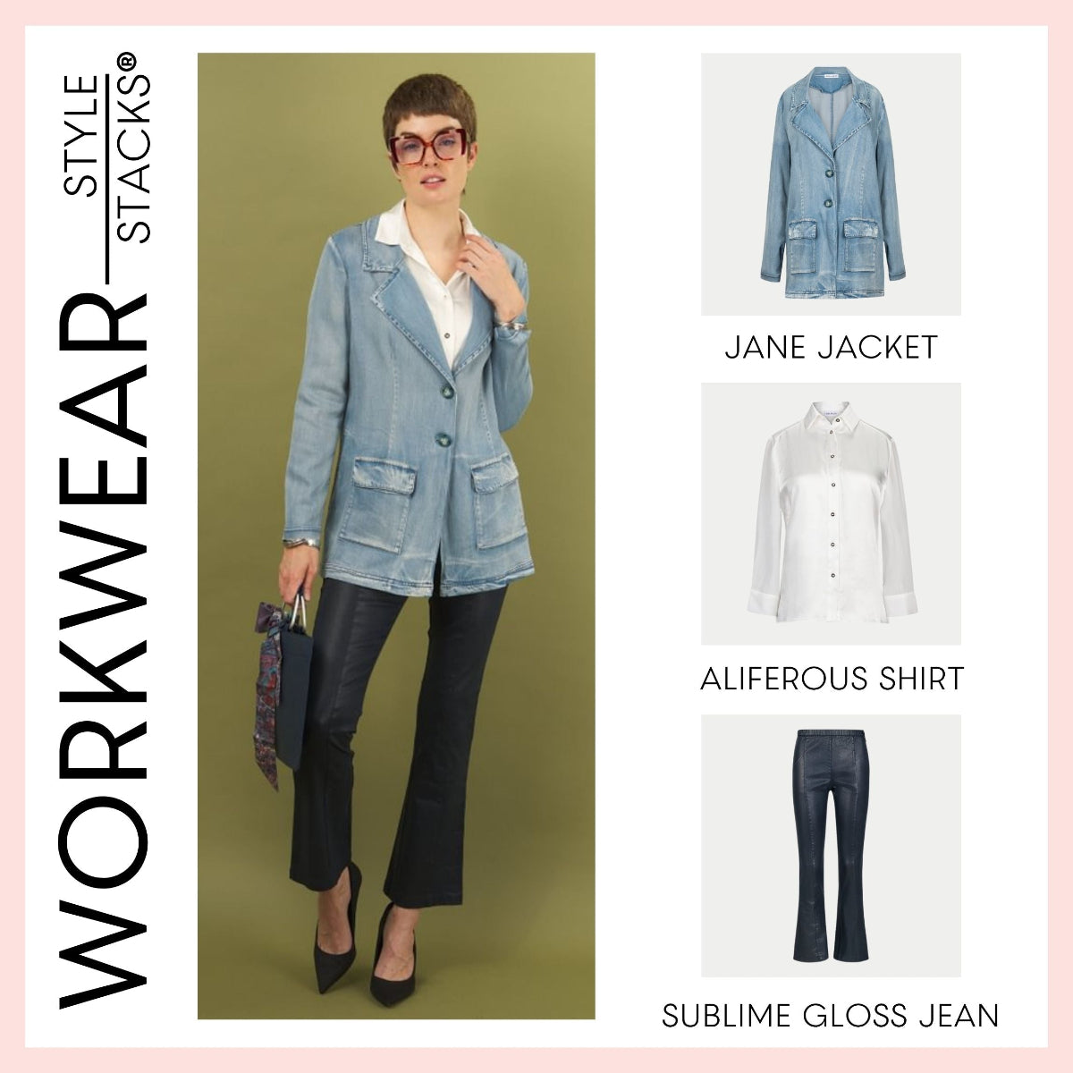 the workwear style stacks by inlarkin featuring the jane denim jacket, aliferous shirt in white and sublime gloss jean