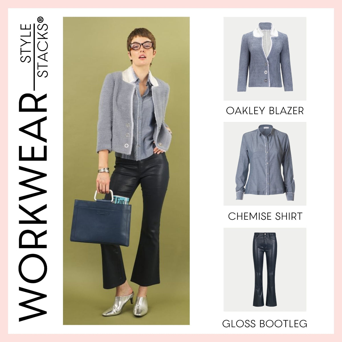 the workwear style stacks by inlarkin featuring the oakley blazer, chemise shirt and gloss bootleg jean