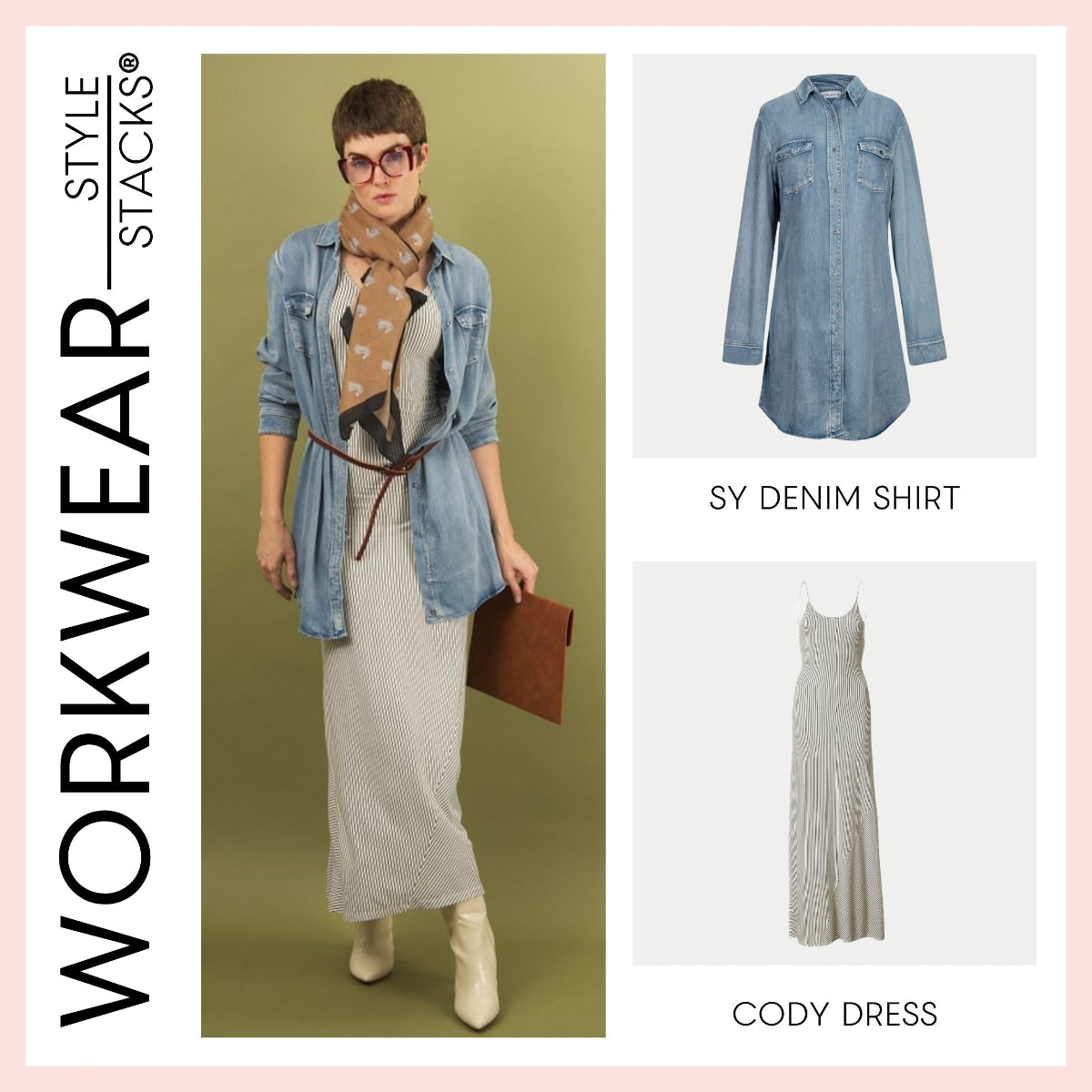 the workwear style stack by inlarkin featuring the sy denim shirt and black and white striped cody dress