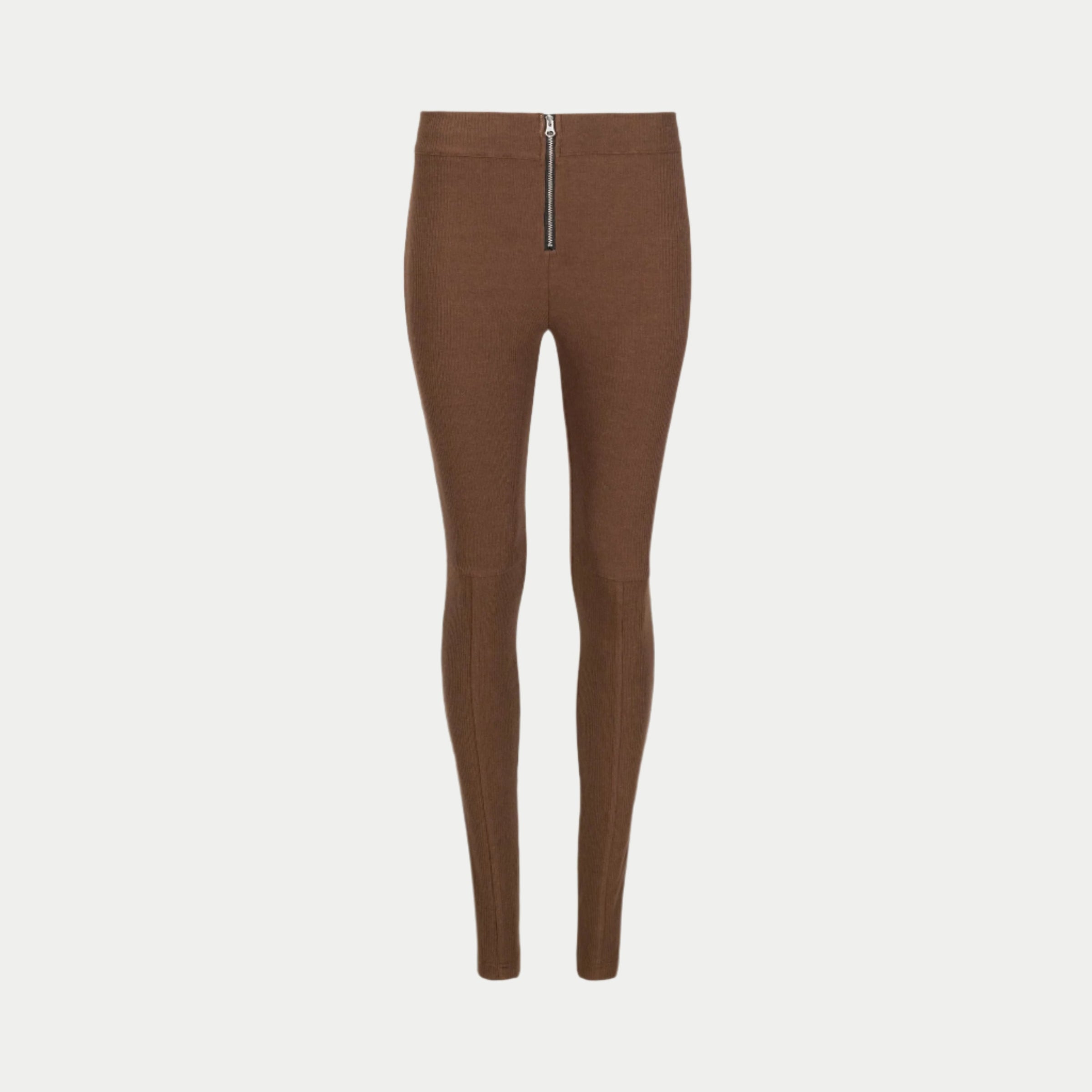 the zippie legging by inlarkin in chocolate front view with stylish zipper detail, premium pointelle fabric and versatility for gym wear to glam wear
