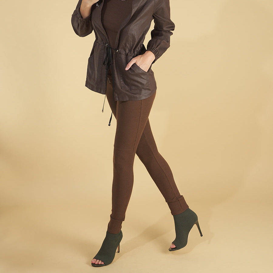 the zippie leggings by inlarkin in chocolate featuring a front zipper and ultra comfortable luxe fabric blend