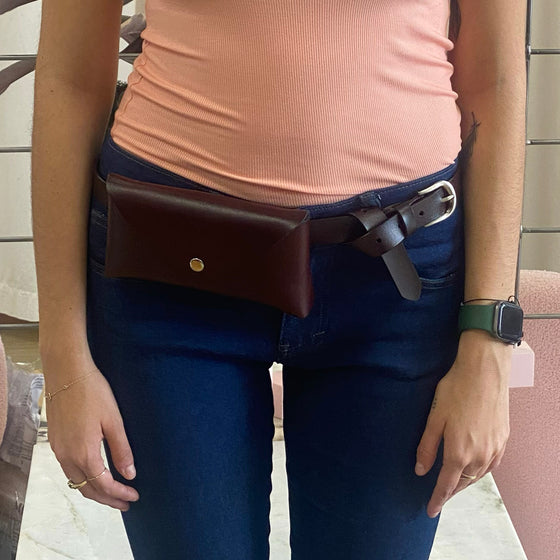 detail image of the inez purse belt by inlarkin in brown worn at the waist belted with jeans