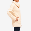 cream cowl sweatshirt with functional pockets, wide sleeve cuffs and waistband, relaxed off the shoulder sleeves, and directional rib paneling
