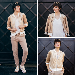  collage image of a woman wearing the paris beauty bomber, glasswing shell and cashmere blend jogger by inlarkin showing the outfit for our style stacks lounge blog