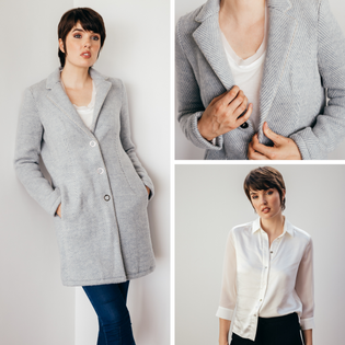  collage of woman wearing the style stack jet-set by inlarkin including the herringbone blazer, unreal jean 2.0 and aliferous shirt