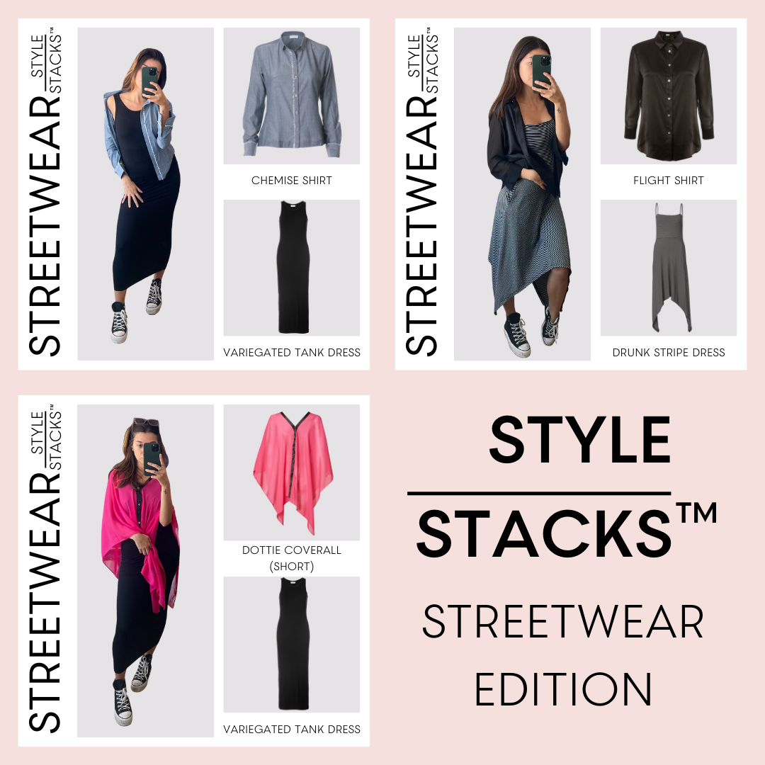 collage image of the streetwear edition of the style stacks by inlarkin with multiple outfits made out of several key inlarkin signature products