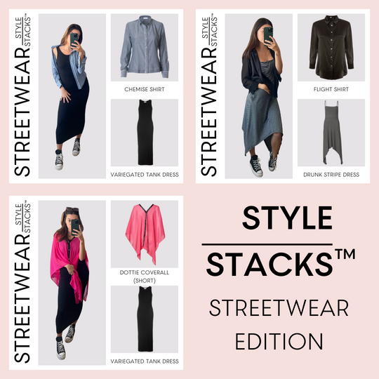  collage image of the streetwear edition of the style stacks by inlarkin with multiple outfits made out of several key inlarkin signature products