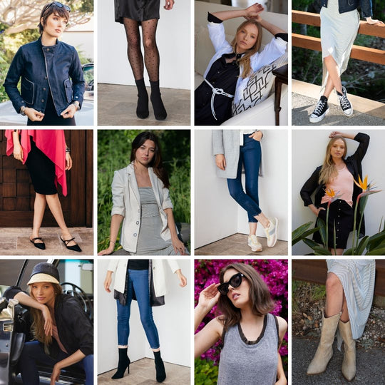  collage image showing the versatility of the inlarkin brand with images of clothing worn with sneakers and stilettos looking equally fashionable without compromising comfort for style