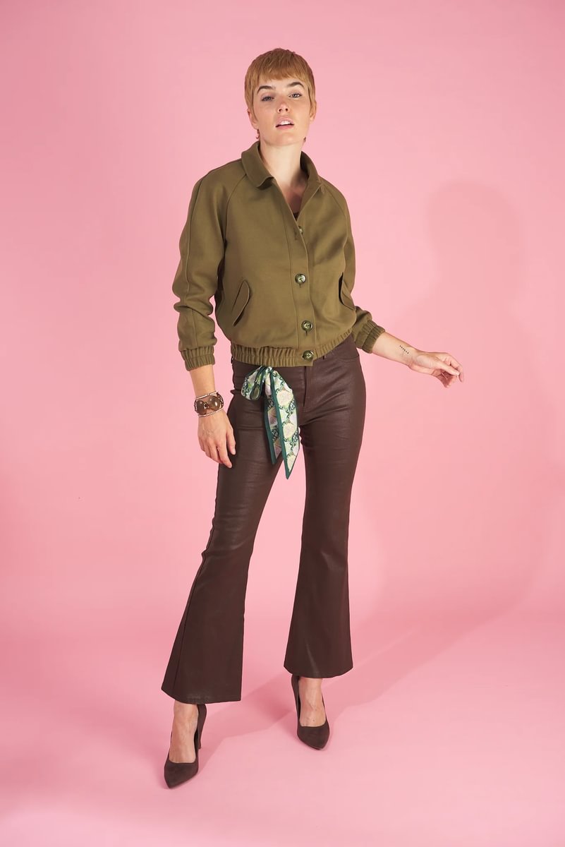 the best sellers collection featuring the gloss bootleg jean in chocolate and the lady bomber in olive by inlarkin