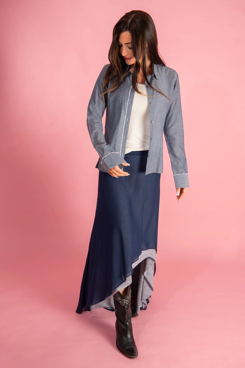 the shirts and tops collection by inlarkin featuring the chemise shirt in blue with cuffs and detailed piping