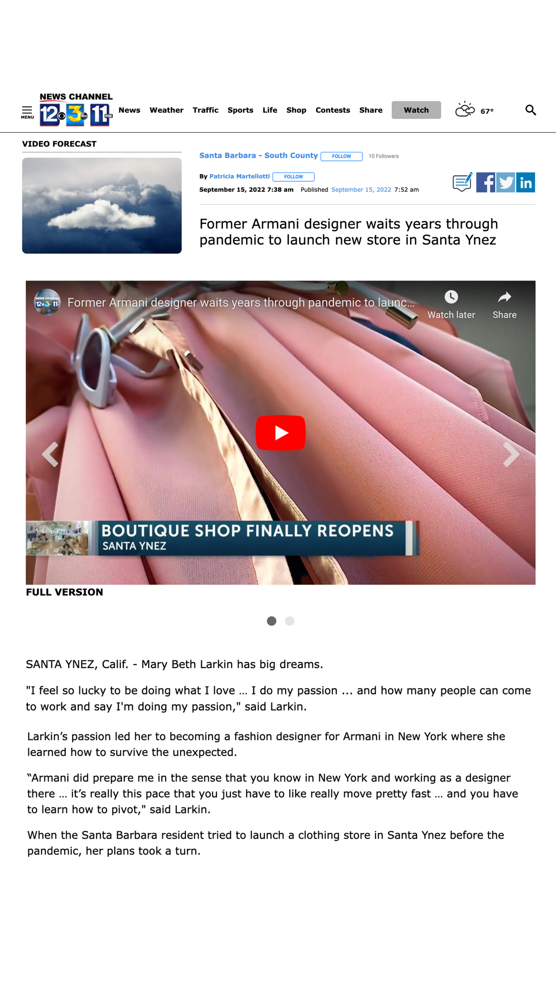 KEYT news channel story on Mary Beth Larkin former armani designer who waited through the pandemic to launch a flagship store in Santa Ynez, California