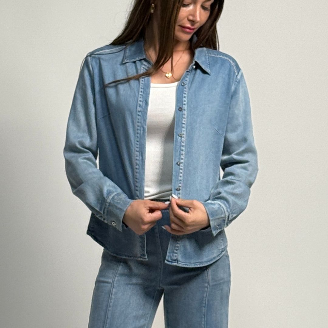 the alex shirt  by inlarkin made of japanese denim in white wash 